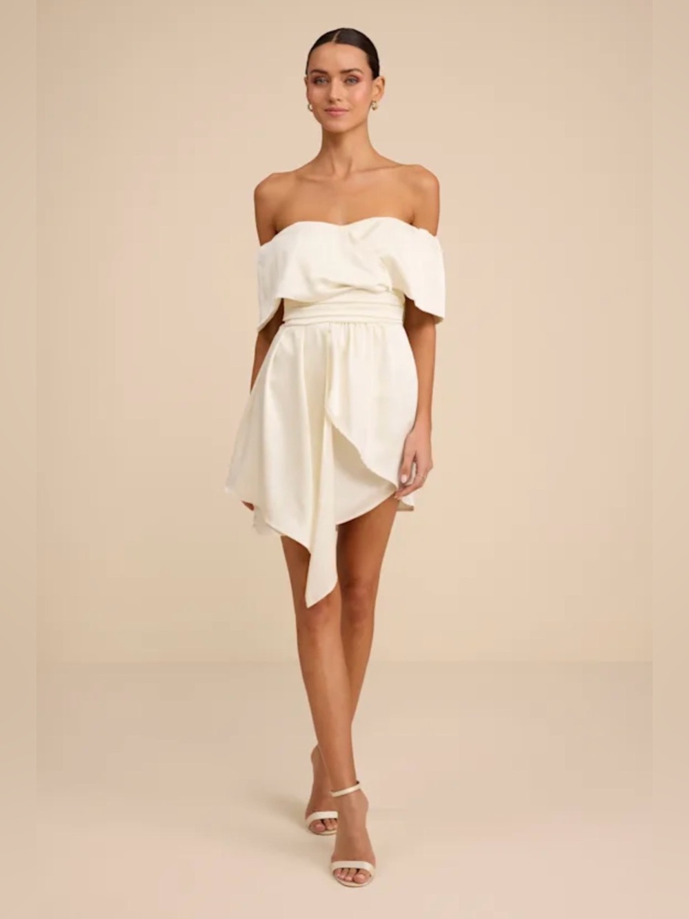 Lulus Always Celebrating Ivory Satin Off-the-Shoulder Mini Dress